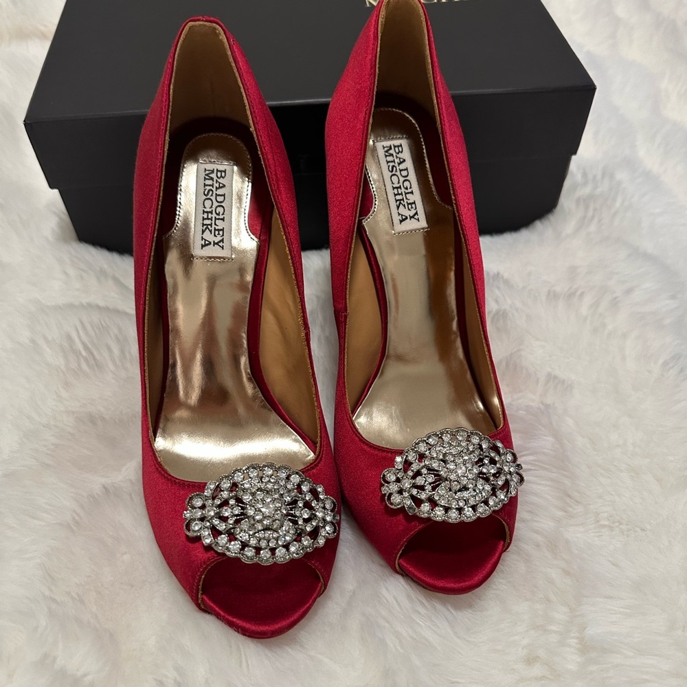 Badgley Mischka Red Peep Toe Heels with Crystal Embellishment
